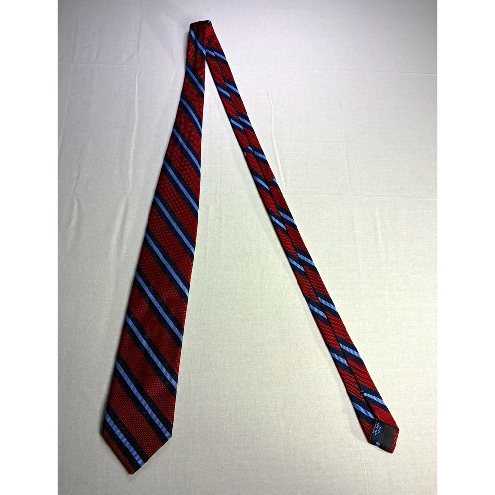 Façonnable Men's 100% Silk Woven Striped Tie Red Navy Light Blue